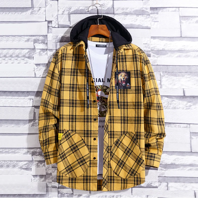 Port&Lotus Men Plaid Shirts With Hat Hoodie Striped Cotton Casual Long Sleeve Shirt Man Spring Autumn Soft Comfort Styles Brand
