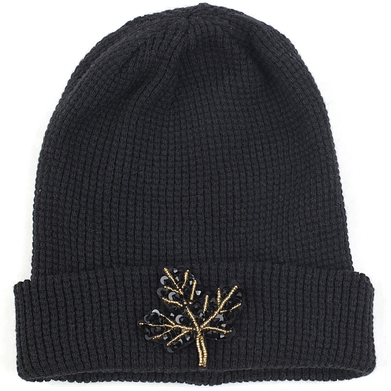 Geebro, кашемировая шапочка для взрослых, аксессуары с кленовыми листьями, осенне-зимняя теплая шапка с манжетой, взрослые шапочки, шапка с черепом - Цвет: black black