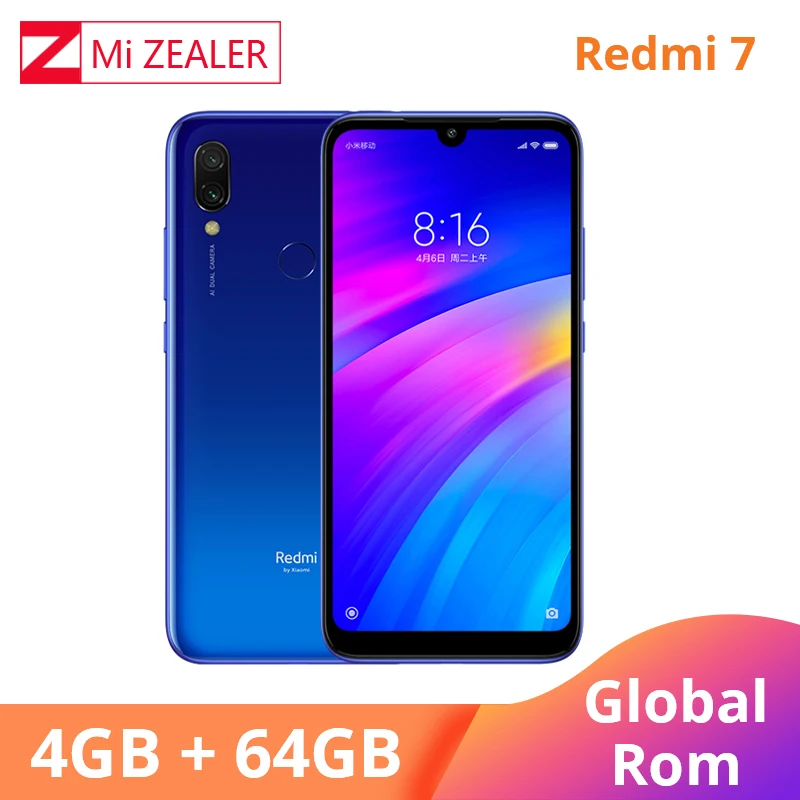 Мобильный Смартфон Xiaomi Redmi 7 с глобальной прошивкой, 4 Гб ОЗУ, 64 Гб ПЗУ, Восьмиядерный процессор Snapdragon 632, камера 12 МП, 4000 мА батарея мобильного телефона