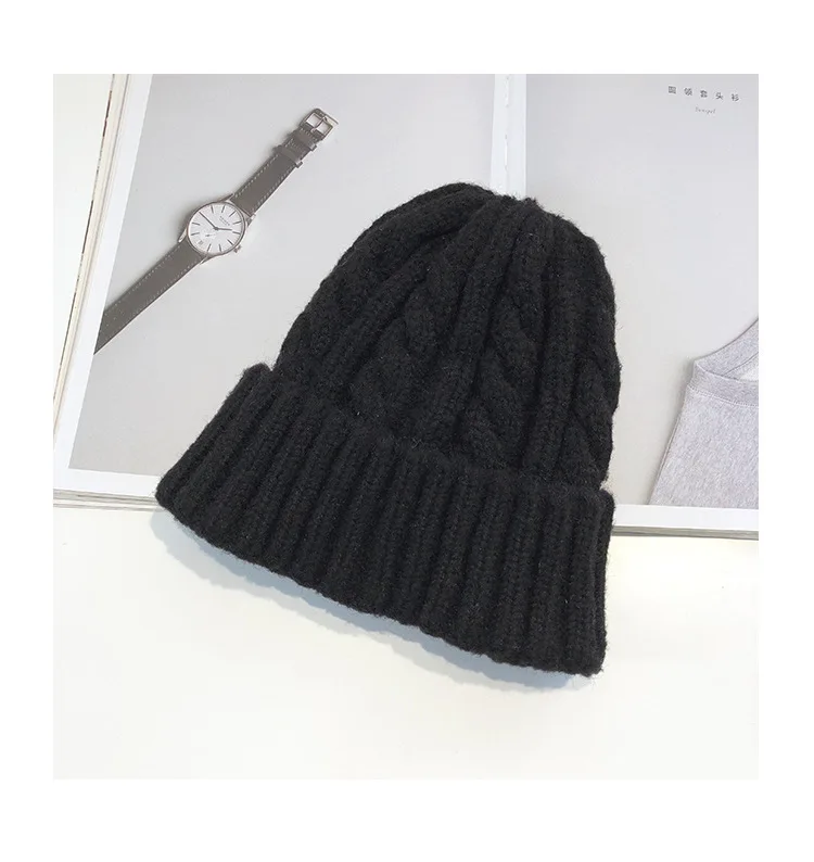 Женские шерстяные шапки Skullies, зимняя теплая вязаная шапка s для дам, дикие одноцветные утолщенные шапочки, новые модные шапочки для девочек