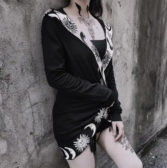 

Ruibbit Autumn Women Harajuku Goth Hoodie Sweatshirt Coat Asymmetrical Japanese Punk Moon Print Fashion Casual Coat