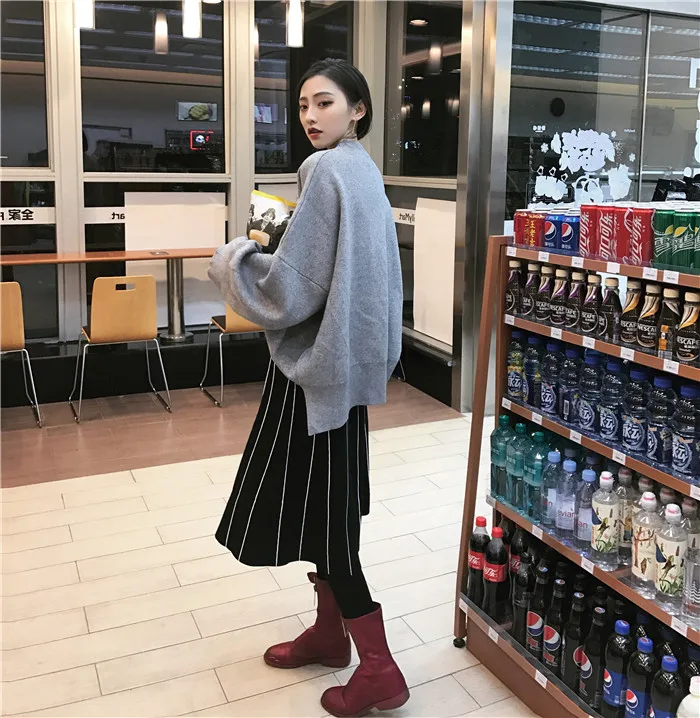 Skirts Womens Winter Vintage Striped Slim A Line High Waist Knitted Long Skirt Black Gray Fringe Skirt DF998