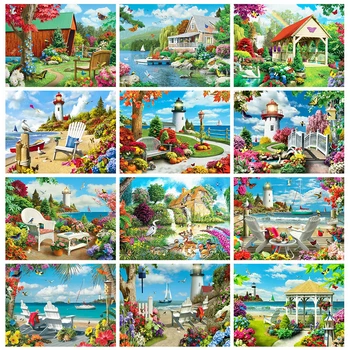 

HUACAN 5D Diamond Painting Seaside Rhinestones Cross Stitch Diamond Embroidery Mosaic Landscape Garden Handmade Gift