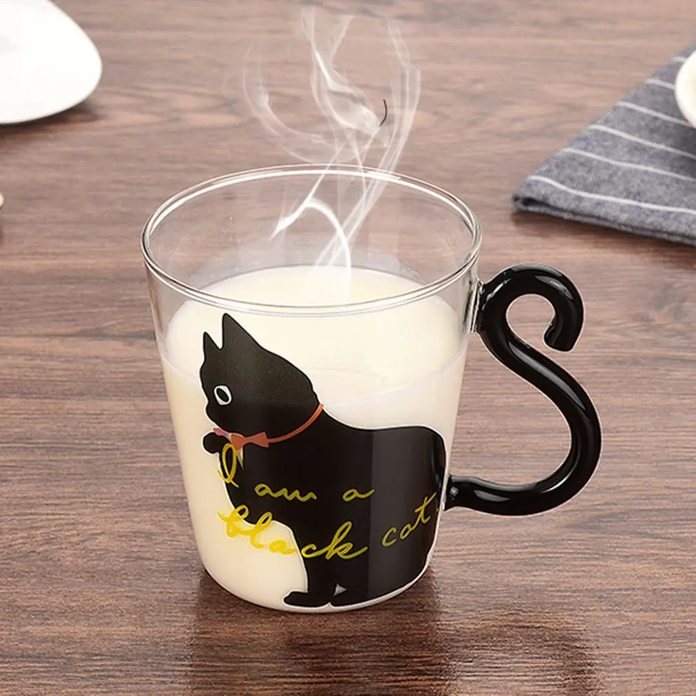 Cute Kitty Glass Water Cup Cat Tail Handle Mug Milk Tea Coffee Fruit Juice Mug Drinkware Home Office Cup Lovers Gifts