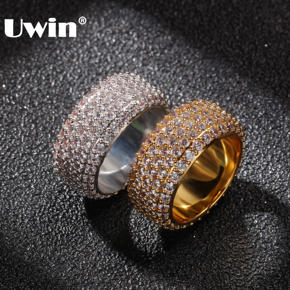 

UWIN 10mm Micro Paved Iced Out Cubic Zirconia Ring Men Women Gold Color 5 Row Cz Hiphop Rapper Ring Jewelry