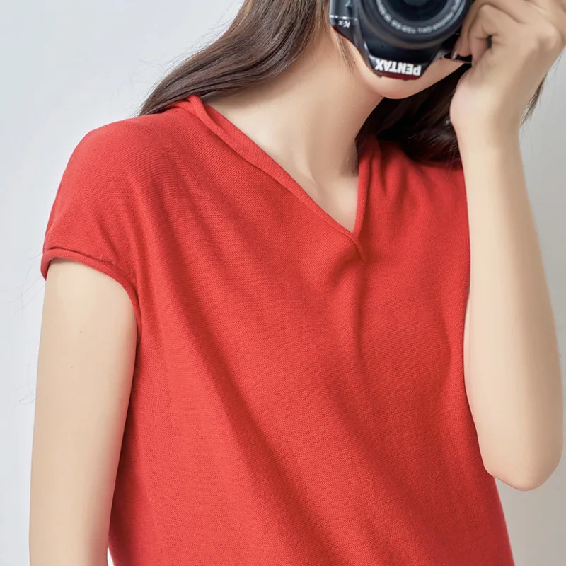 

Новинка 2020, летний женский свободный свитер с v-образным вырезом и коротким рукавом, Однотонный свитер