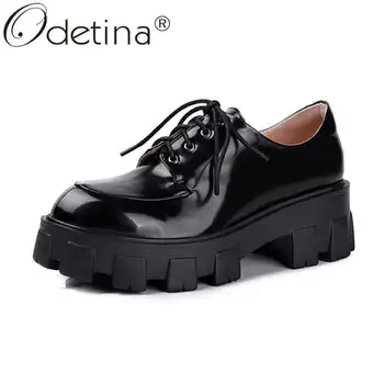 

Odetina Women Fashion Platform Round Toe Polka Dot Party Shoes Lady Retro Fur Block Mid Heel Patent Leather Lace Up Casual Shoes