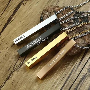 

Four Sides Engraving Personalized Square Bar Custom Name Necklace Stainless Steel Pendant Necklace Women Men Christmas Gift BFF