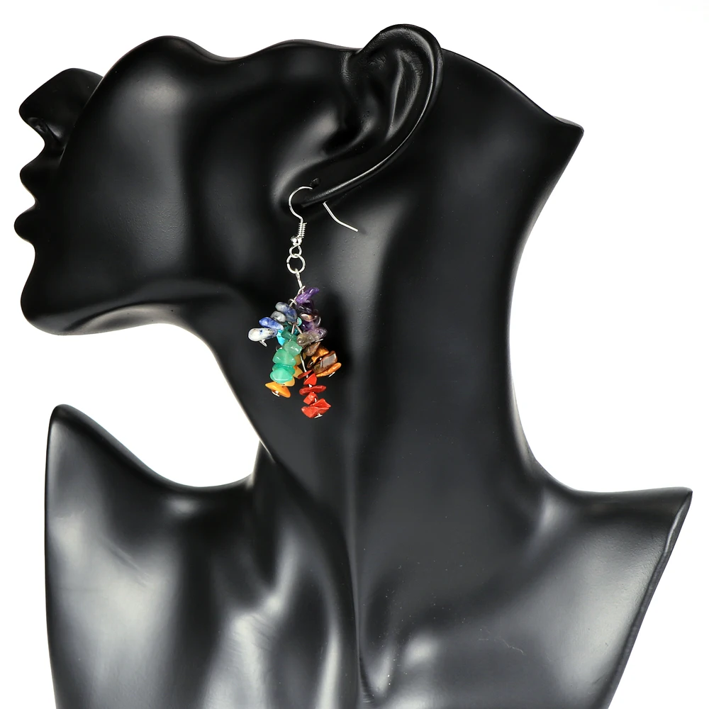 Women Natural Stone 7 Chakras Dangled Earring Asymmetr Chip Gravel Pierced Earrings Hoop Gold Silver Color Hanging Jewelry