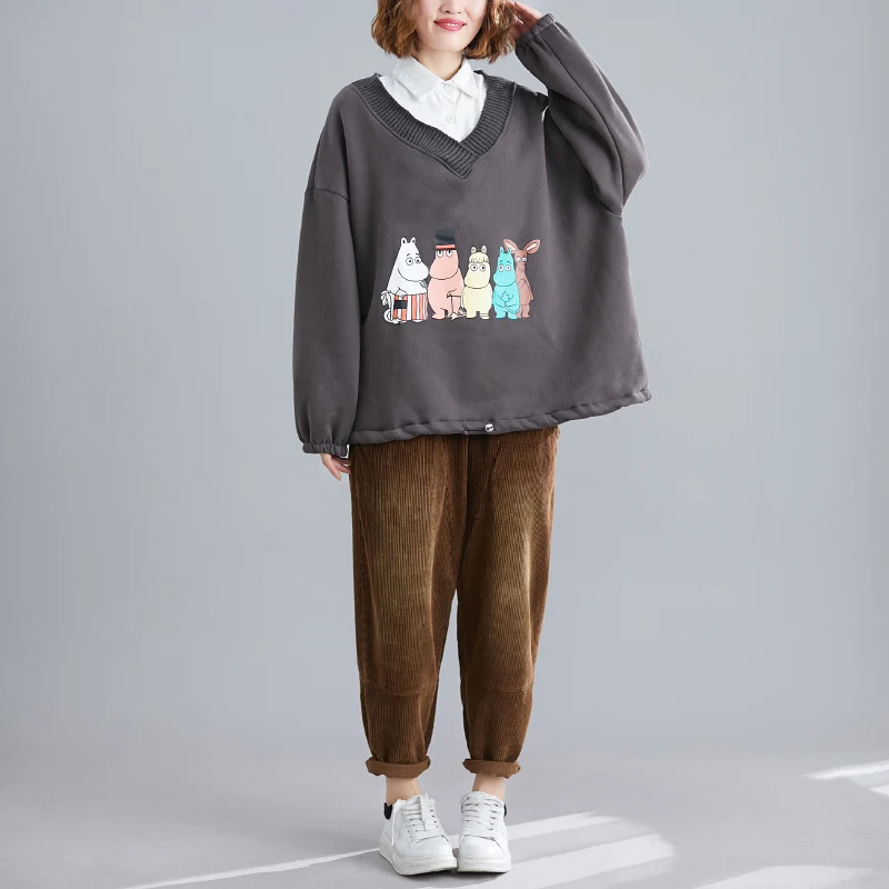 Kawaii мультфильм животных печати толстовки женские плюс размер Harajuku корейский хлопок бархат над Размер Толстовка пуловер Топы