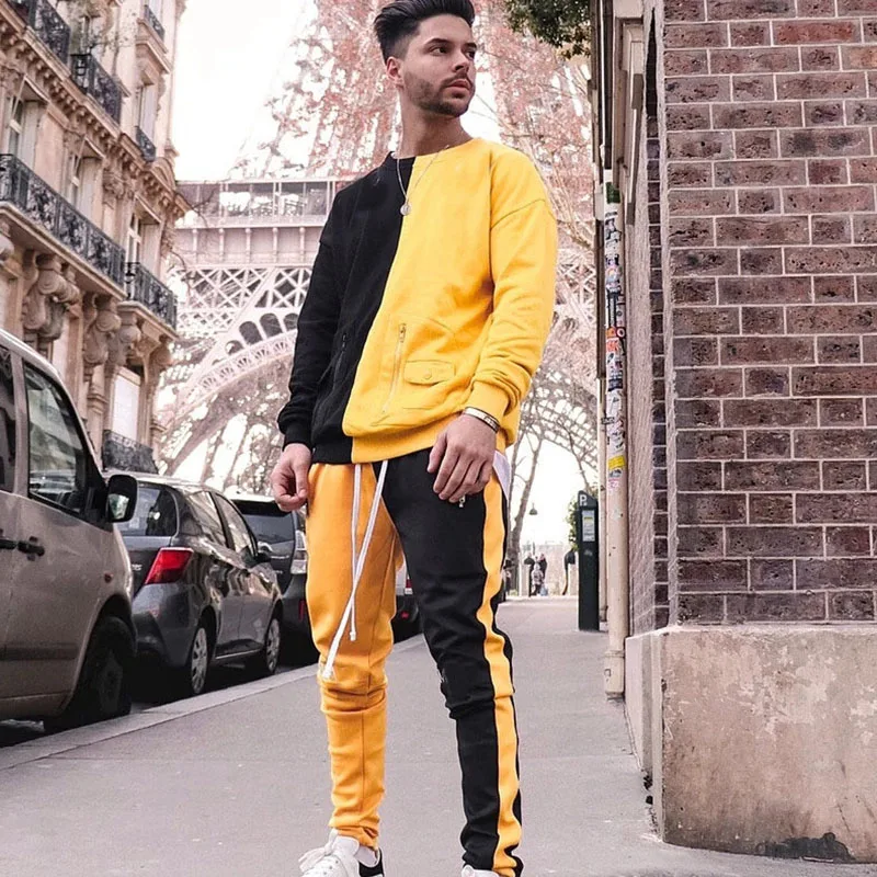 GYMLOCKER new Mens Tracksuit Set Two Pieces Autumn Winter Men's Suit Two-color stitching Pant Sweatshirt Male Sweatsuit - Цвет: Black yellow