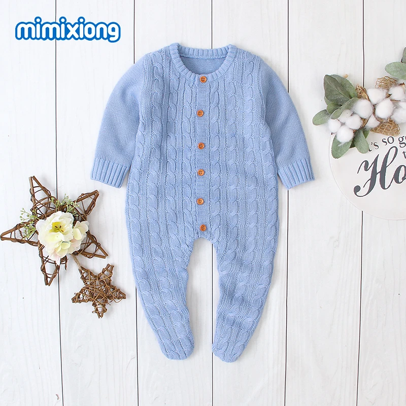 Детские вязаные комбинезоны однотонные с длинными рукавами для новорожденных