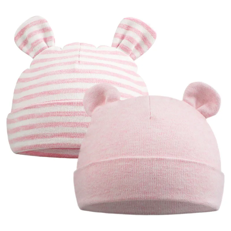 Pink Bear Set 2 Хлопковая шапочка с бантиком для новорожденных, милая шапка для маленьких девочек, Весенняя мягкая детская шапочка для больницы, одноцветная шапка в полоску для маленьких мальчиков 0-6 месяцев - Цвет: Pink Bear Set 2