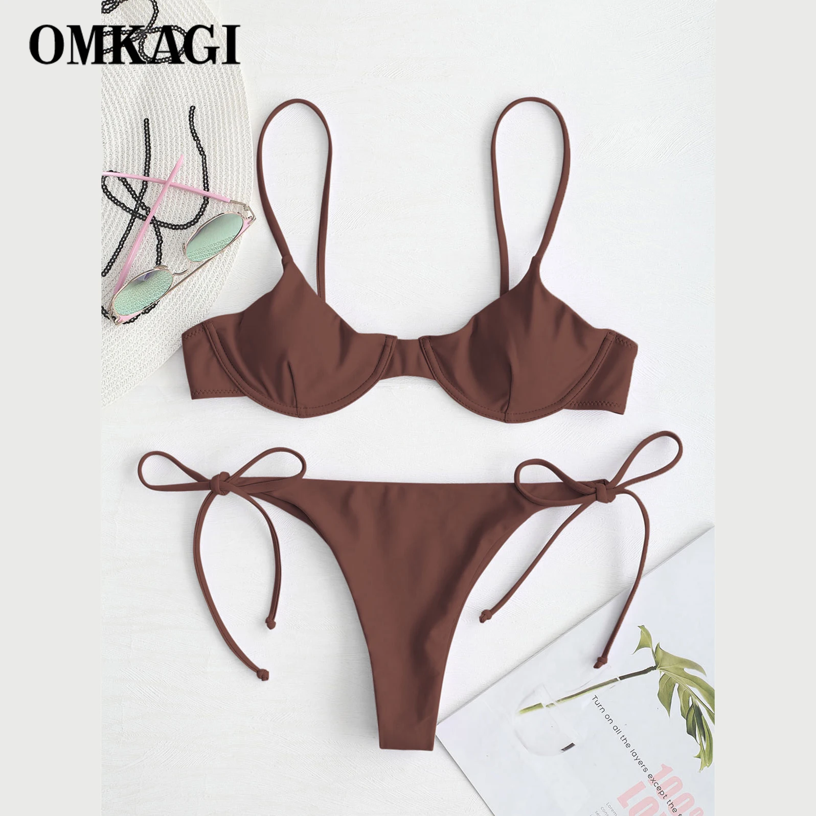 OMKAGI New Bikini Solid Swimwear Women Mini Thong 2021 Summer Swimsuit Bikini Set Brazilian Biquini Push Up Swimsuit Female womens swimwear