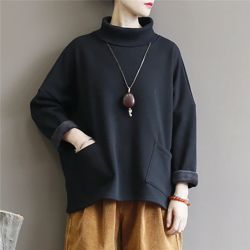 QPFJQD Ladies Turtleneck Pullover Sweatshirt Spring Autumn Long Sleeve Cotton Women Clothes Warm Winter Casual Pocket Sweatshirt