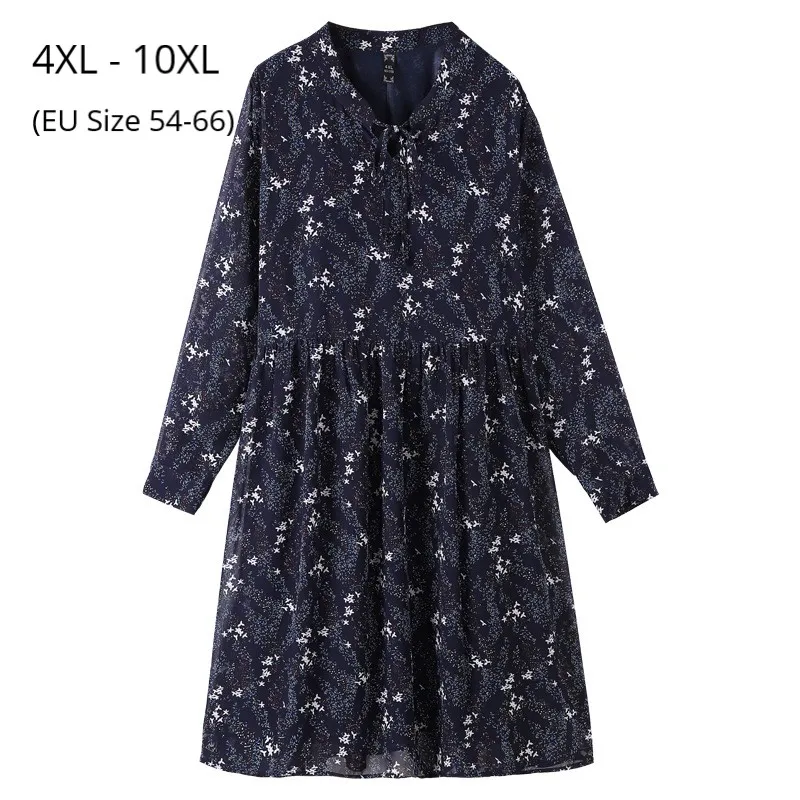 Плюс Размеры 10XL 8XL 6XL 4XLРоссийские размеры 66, 62,58, 54 Для женщин платья с длинными рукавами на осень и весну, платье женские офисные круглый вырез горловины шифоновое платье с принтом свободные платье