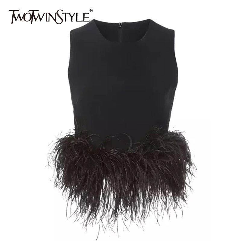 Feather Sleeveless Women Tops | Black Feather Top Fashion