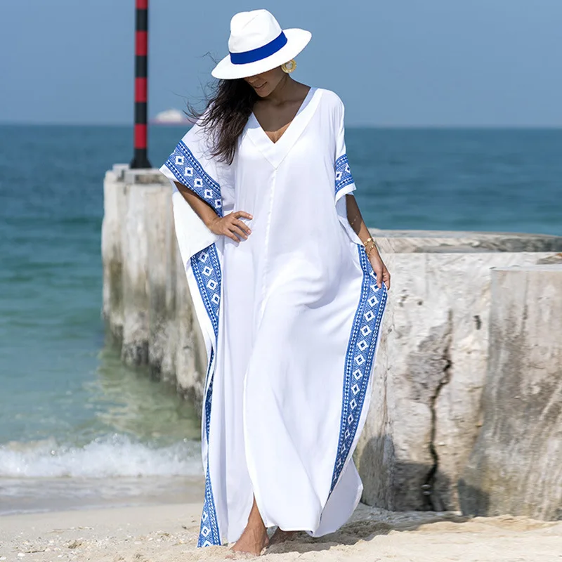 Kaftan Beach Cover up Summer Women Beachwear Cotton Tunic Oversize Bikini Cover-ups Robe de Plage Sarong Beach Tunic