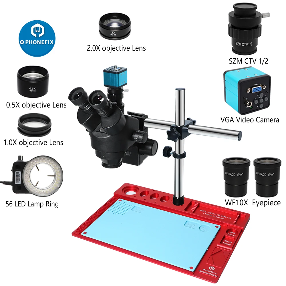 1080P VGA USB Video Camera Simul-Focal 3.5X-90X Continuous Zoom Stereo Trinocular Microscope CTV Adapter Phone PCB Repair Kit |