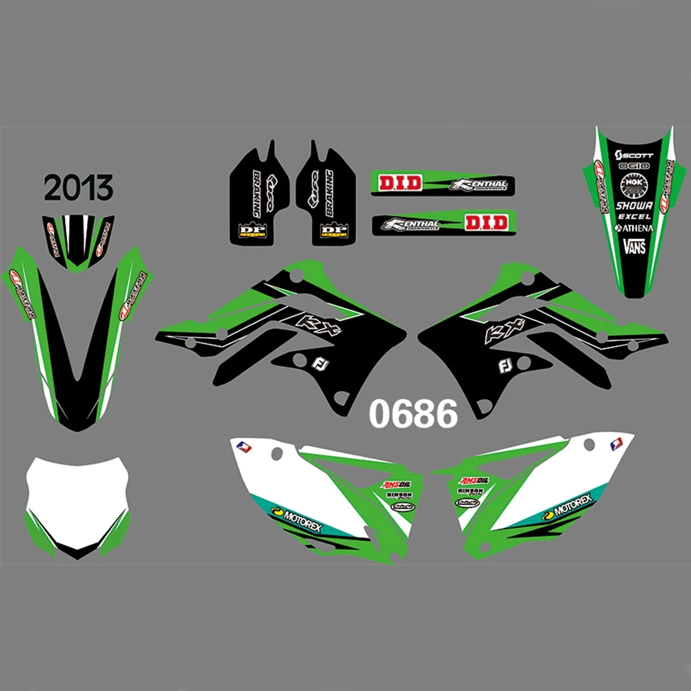 Для KAWASAKI KXF450 2013 Графика наклейки на заказ Номер Наименование лента 3M Полный мотоцикл Фоновые наклейки аксессуары
