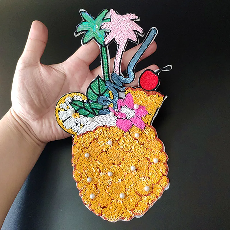 

Pineapple Beads Patches For Clothing Yellow Sequins Biker Badge Embroidery Patch Sequined Women Clothes Stickers Strange Things