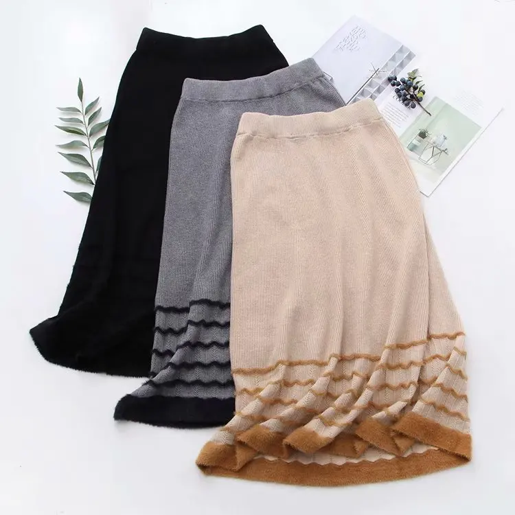 Винтажная зимняя черная серая хаки эластичная юбка средней длины в полоску для женщин, длинные юбки saia saias