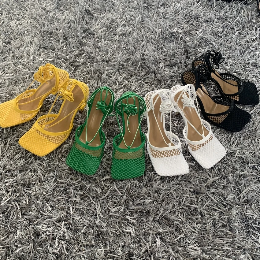 Women High Heels Sexy Green Mesh Square Toe Lace Up Cross-tied Stiletto hollow for Party women high heels platform high heels sandals