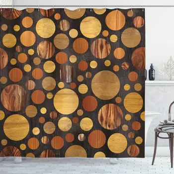 

Wooden Shower Curtain Brown Wood Textures Abstract Pattern Circles Timber Oak Natural Grain Style Art Print Bathroom Decor Set