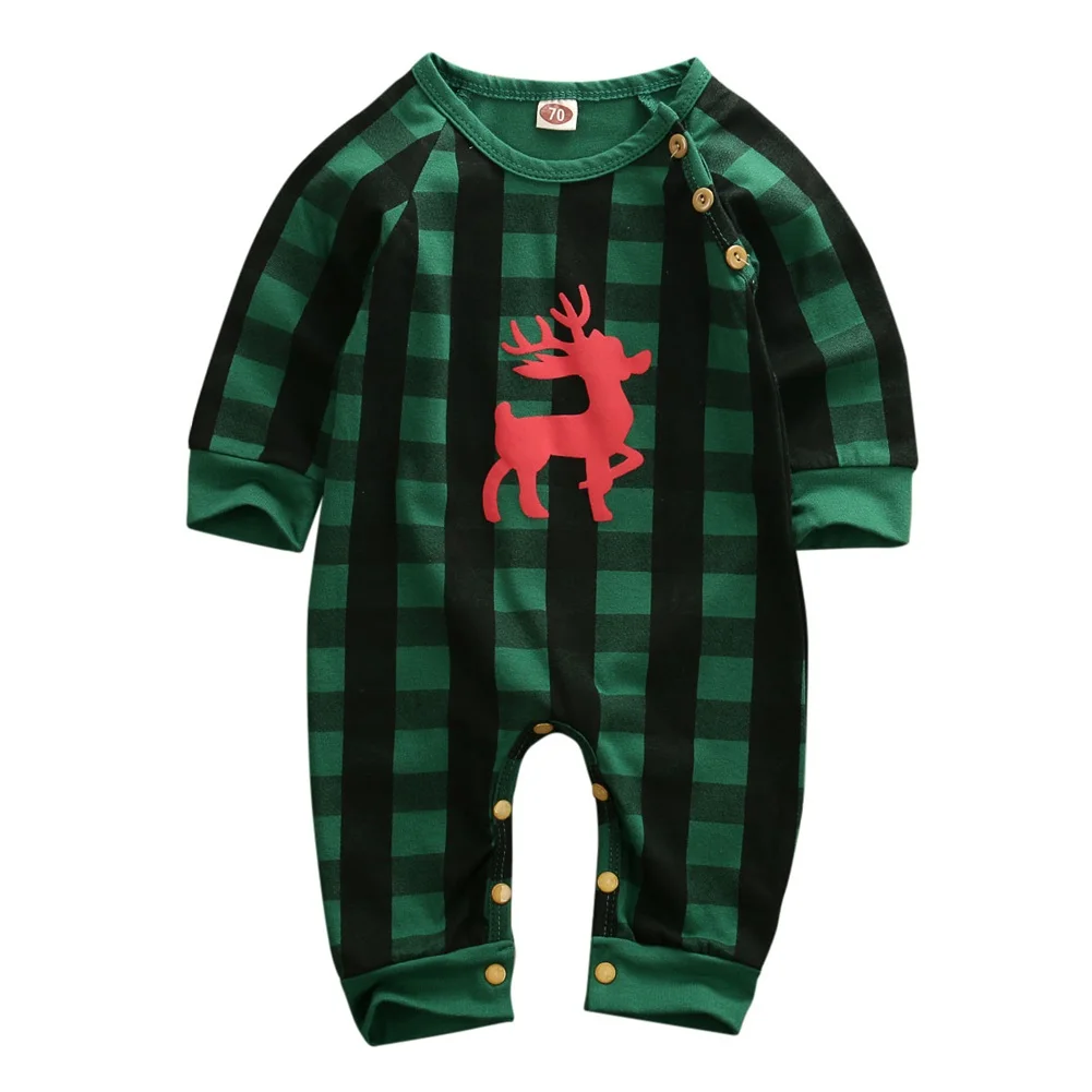 Комбинезон для маленьких мальчиков и девочек; комбинезон для новорожденных; зимний комбинезон с рождественским оленем; одежда в красно-зеленую клетку