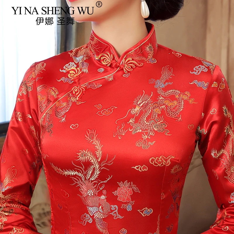 Новое улучшенное китайское длинное платье Cheongsam элегантное плотное платье с принтом Cheongsam Show T_shirt cheongsam платье Элегантное Атласное Свадебное Платье