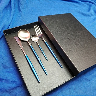 4pcs with gift box Лидер продаж, светильник, набор столовых приборов из нержавеющей стали синего и золотого цвета, посуда для столовых приборов, столовые приборы, вилки, ложки, ножи, наборы - Цвет: 4pcs with gift box