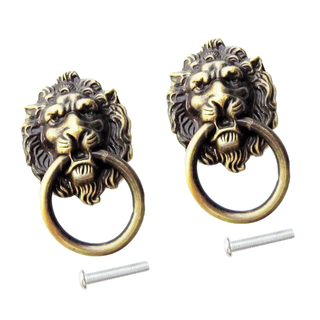 2xRetro Lion Head Pull Handle Door Cabinet Dresser Drawer Knob Antique Brass
