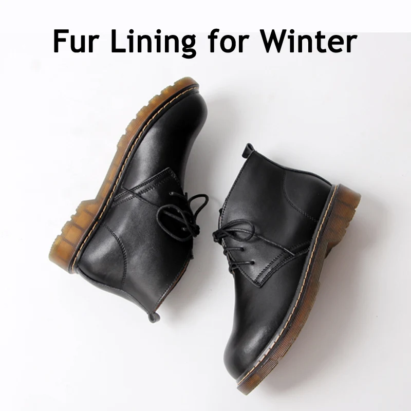 Black Fur Boots Женские ботинки из натуральной кожи; коллекция года; сезон осень-зима; женские ботильоны; Винтажная обувь на низком каблуке со шнуровкой; женская обувь; Bota Feminina - Цвет: Black Fur Boots