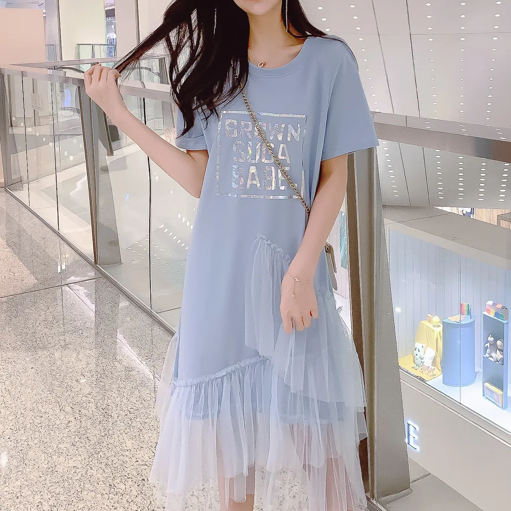 

Summer Wear New Style WOMEN'S Dress Very Fairy of Short Sleeve over-the-Knee T-shirt Dress Mid-length Cake Gauze Joint