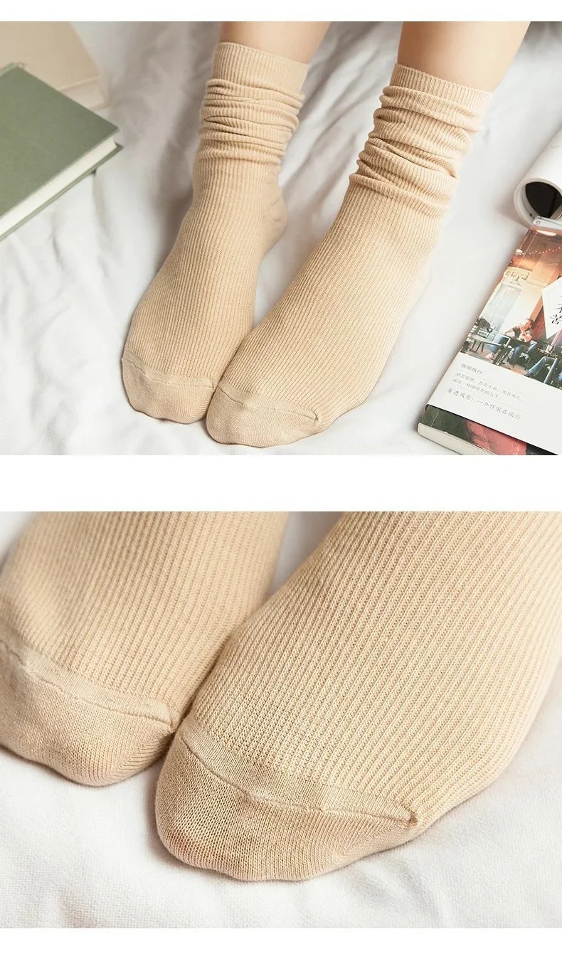 CHAOZHU  Japanese Korea High School Girls High Socks Loose Solid Colors Double Needles Knitting Cotton Long Socks Women