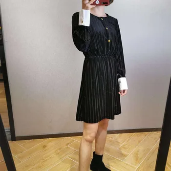 

Velvet Women's Striped Mini Dress Patchwork Elastic Waist Ladies Long Sleeve O-neck Short Dresses With Buttons