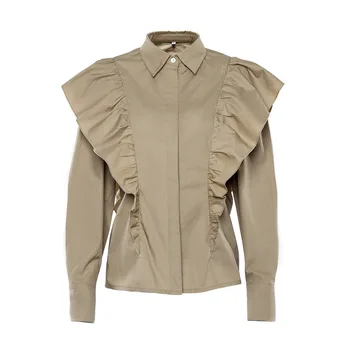 

Women Ruffle Cotton Blouse Turn Down Collar Long Sleeve Chic Ruffle Shirt Lady High Street Casual Smock Blouse Shirts Top Femme