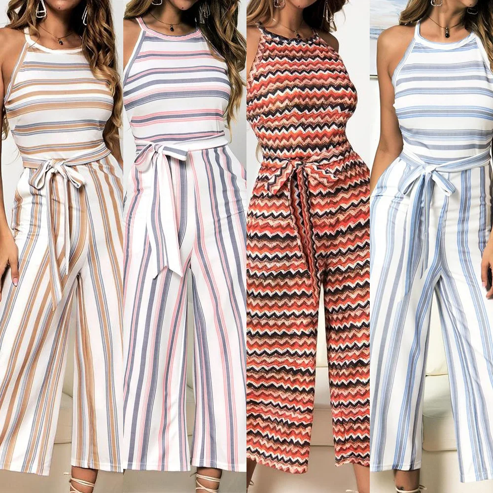

2020 hot color striped print sleeveless wide leg Jumpsuit