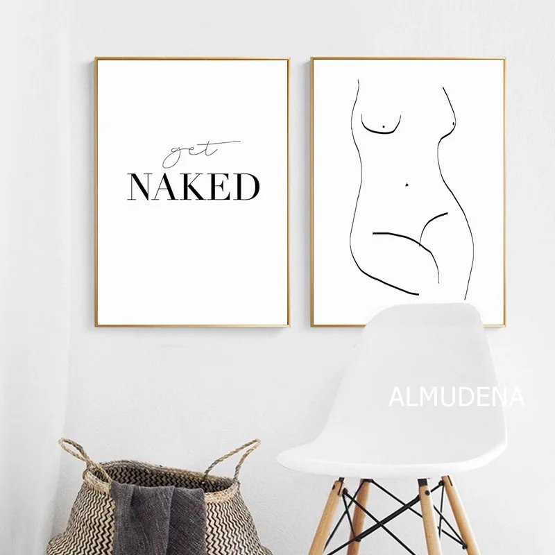 

Modern Minimal Canvas Painting Line Art Print Get Naked Quotes Posters Female Boby Figure Drawing Bathroom Decoration Pictures