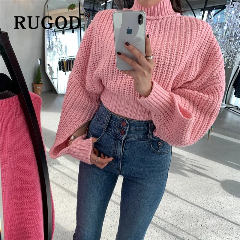 RUGOD, Корейская женская одежда ins, зима, Одноцветный короткий свитер с высоким воротом и пуговицами сзади, Свободный вязаный пуловер, модная туника