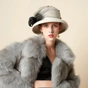 

Retro Ladies Women Vintage Church Cloche Hat Feather Mesh Veil Bowknot Tea Party Wedding Winter Faux Felt Bucket Cap