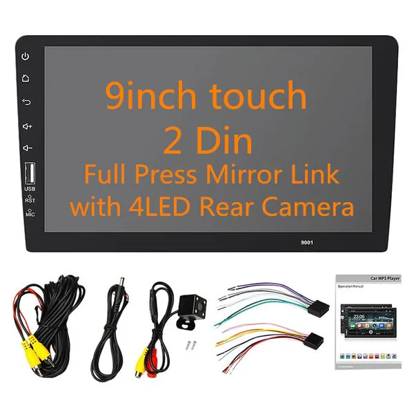 

2 Din Car Radio 9 Inch Full Press Mirror Link Car Stereo Player Car Multimedia Player Mp5 Bluetooth USB with 4LED Rear Camera