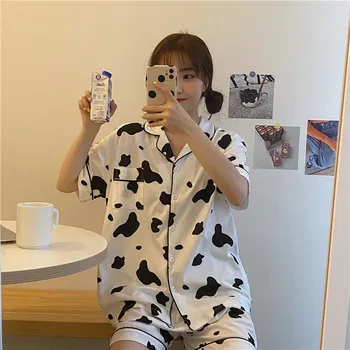 

Cute Dairy Cattle Printed Summer Short-Sleeved Shorts Pajamas Suit