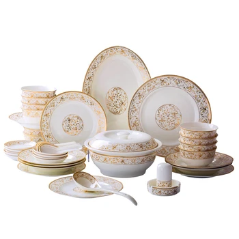 

56pcs set Gold Inlay Porcelain China Dinnerware Set European Tableware Set Ceramic Plates Bowls Dishes Plates cutlery set