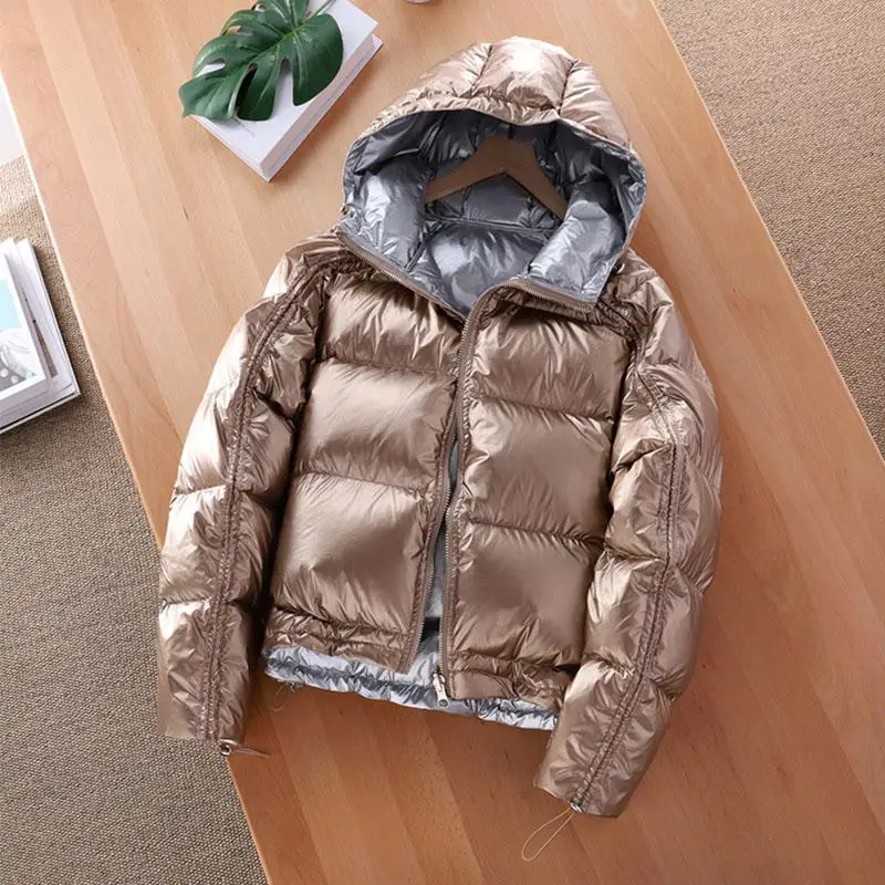 Lusumily новое зимнее короткое пальто для женщин глянцевый черный серебристый большой искусственный мех теплый пуховик женский высокое качество два лица одежда парки - Цвет: Champagne