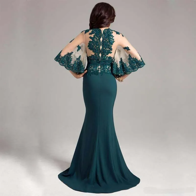 Винтажное темно-зеленое Русалка Мать платья Воротник Sheer Jewel накладные аппликации на половину рукава мать Формальное свадебное вечернее платье
