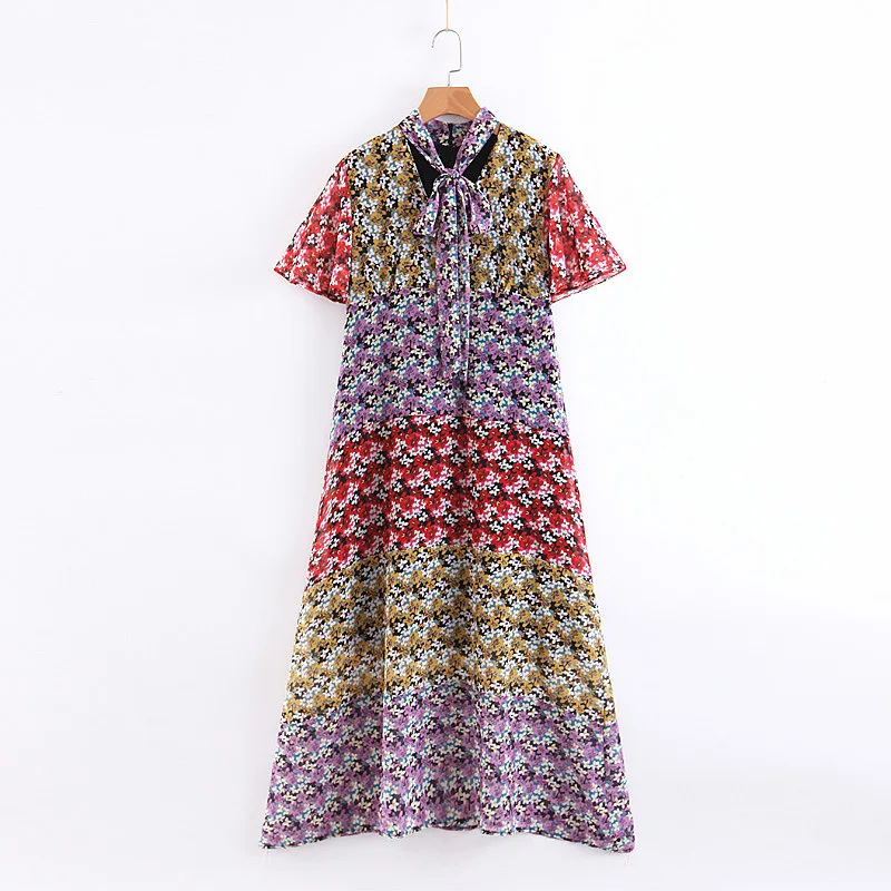 

Western Style 2019 Summer New Style Women's Dress Versitile Fashion Slimming Lace-up Joint Contrast Color Small Flower Slim Dres