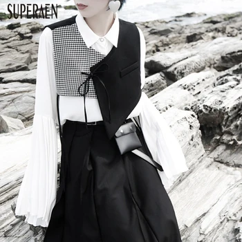 

SuperAen 2019 Autumn New Sleeveless Vests Coat Women Plaid Irregular Cotton Vest Female Korean Style Fashion Tops Women