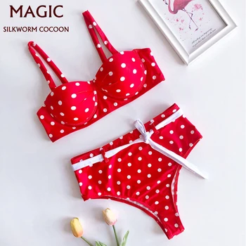 

Sexy Bikinis Women Swimsuit High Waisted Bathing Suits Swim Halter Push Up Bikini Set Plus Size Swimwear Red Wave Point swimsuit