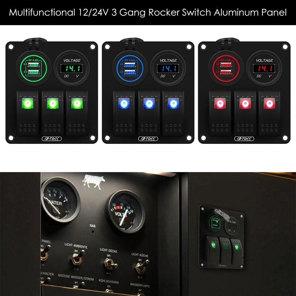 3 Gang Inline Fuse Box LED Switch Panel Dual USB Car Boat Truck Camper Digital Voltage Display Blue/Green LED Light|RV Parts & Accessories| AliExpress